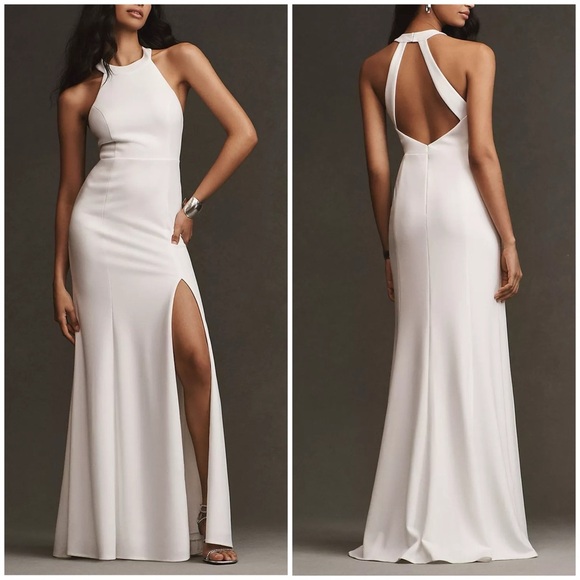 BHLDN Juliana High Neck Side Slit Stretch Crepe Maxi Dress White Wedding Sz S - Picture 1 of 15